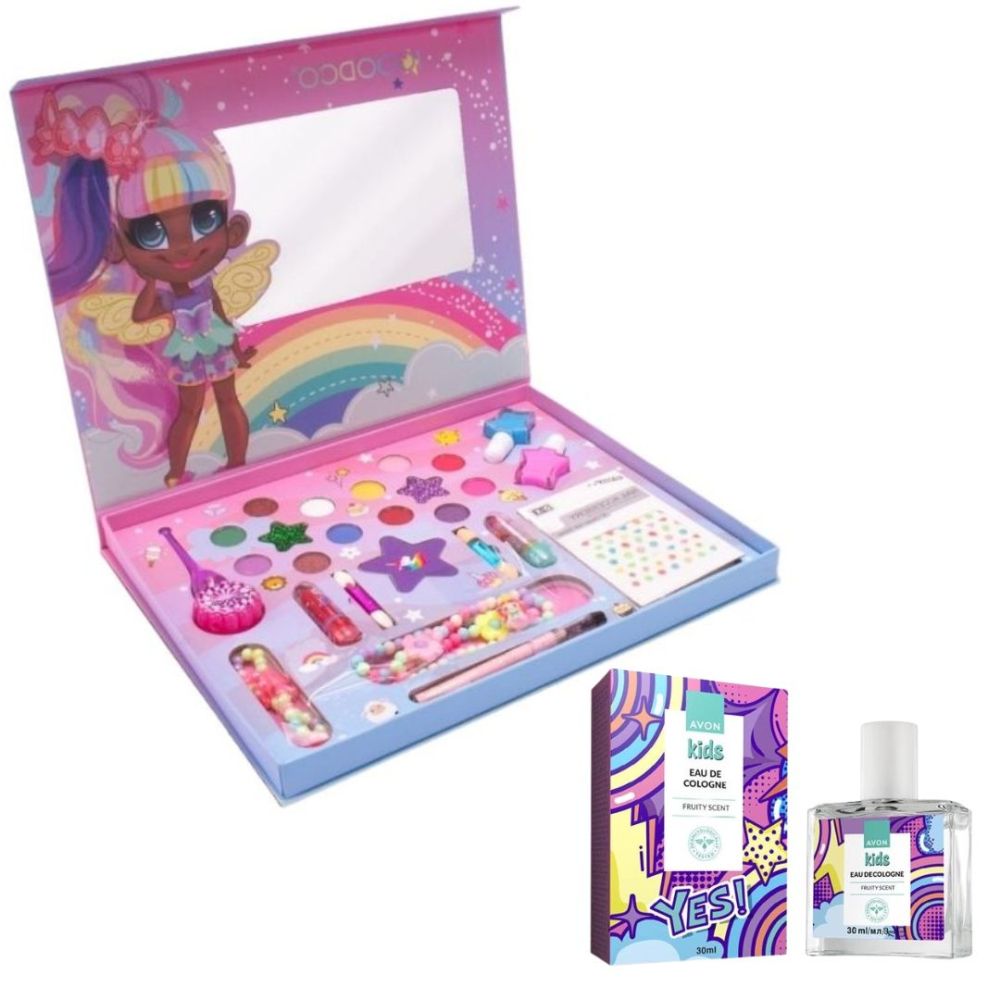 Set cadou creativ pentru copii – trusa de machiaj, bijuterii si parfum fructat, 3+, paleta colorata cu farduri, rujuri, lacuri de unghii, autocolante, bratara, colier, oglinda si apa de toaleta 30 ml, [1]
