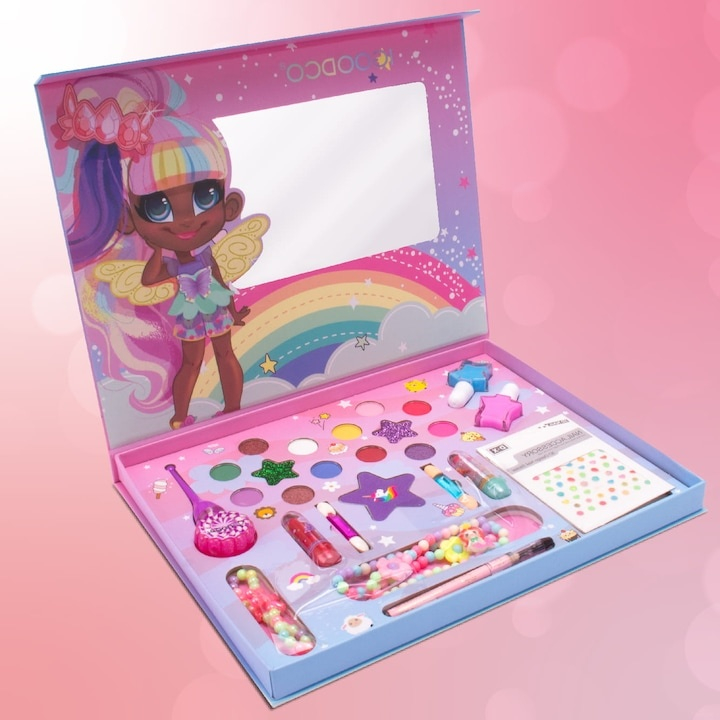 Set cadou creativ pentru copii – trusa de machiaj, bijuterii si parfum fructat, 3+, paleta colorata cu farduri, rujuri, lacuri de unghii, autocolante, bratara, colier, oglinda si apa de toaleta 30 ml, [5]