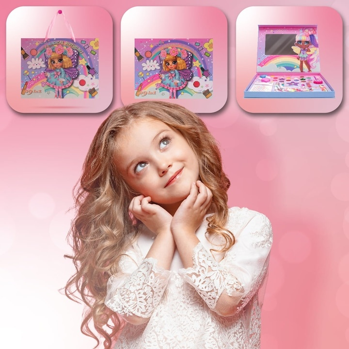 Set cadou creativ pentru copii – trusa de machiaj, bijuterii si parfum fructat, 3+, paleta colorata cu farduri, rujuri, lacuri de unghii, autocolante, bratara, colier, oglinda si apa de toaleta 30 ml, [7]