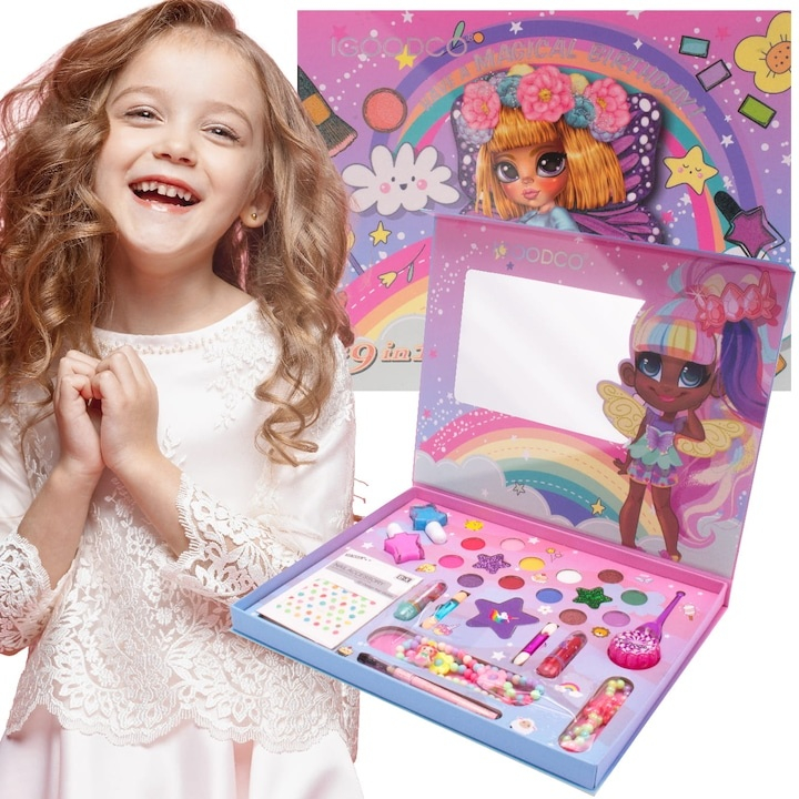 Set cadou creativ pentru copii – trusa de machiaj, bijuterii si parfum fructat, 3+, paleta colorata cu farduri, rujuri, lacuri de unghii, autocolante, bratara, colier, oglinda si apa de toaleta 30 ml, [4]