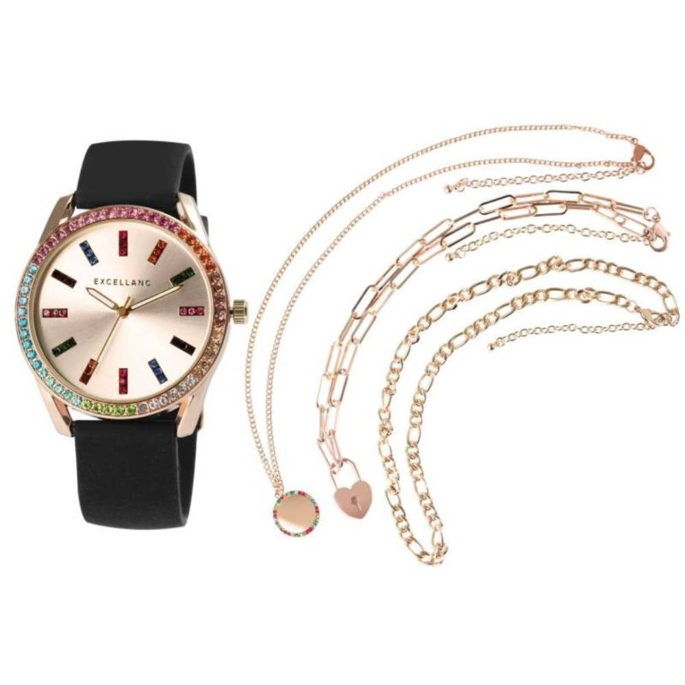 Set cadou dama, auriu-roz 24 cm cu ceas silicon 18 mm si 3 coliere 40-50 cm, carcasa 38 mm, pietre multicolore, accesorii elegante [2]