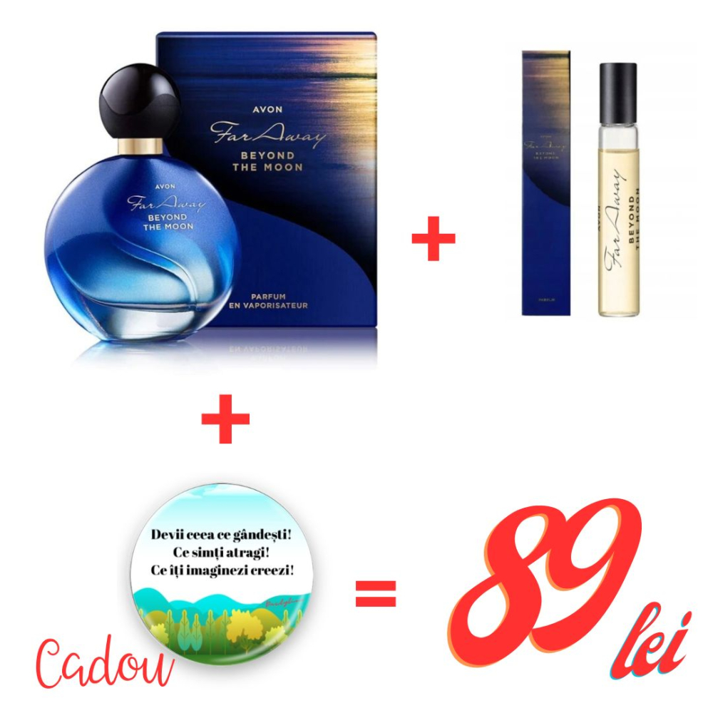 Set cadou Far Away Beyond the Moon – parfum 50 ml + mini parfum 10 ml + insignă motivațională cadou [1]