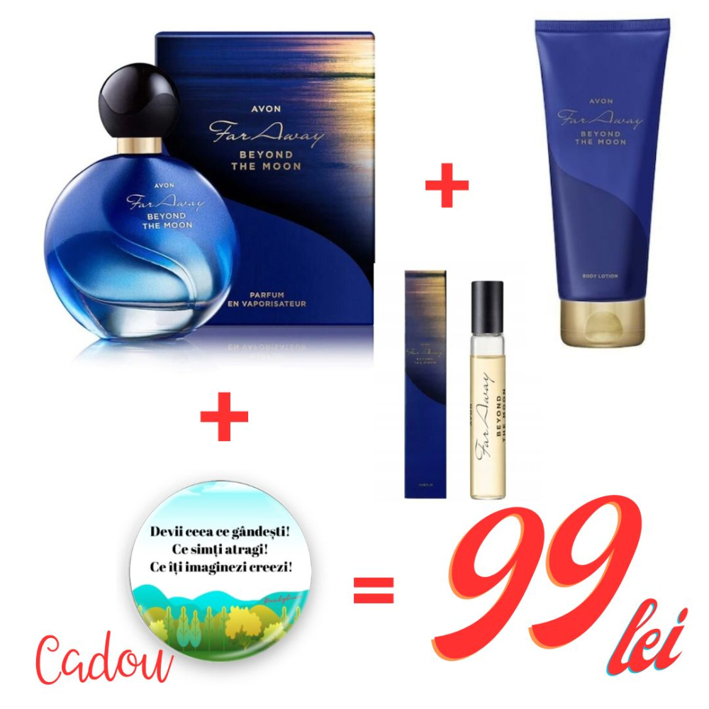 Set cadou Far Away Beyond the Moon – parfum 50 ml + mini parfum 10 ml + loțiune de corp 125 ml + insignă motivațională cadou [1]