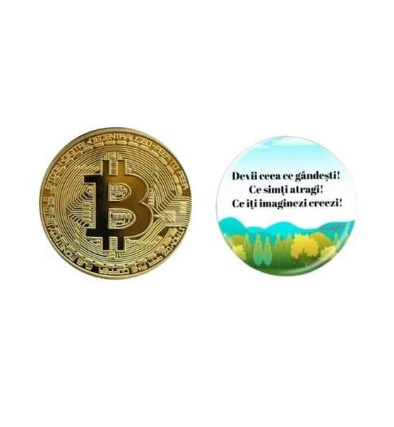 Set cadou format din moneda de colectie Bitcoin si insigna Dactylion cu mesaj motivational