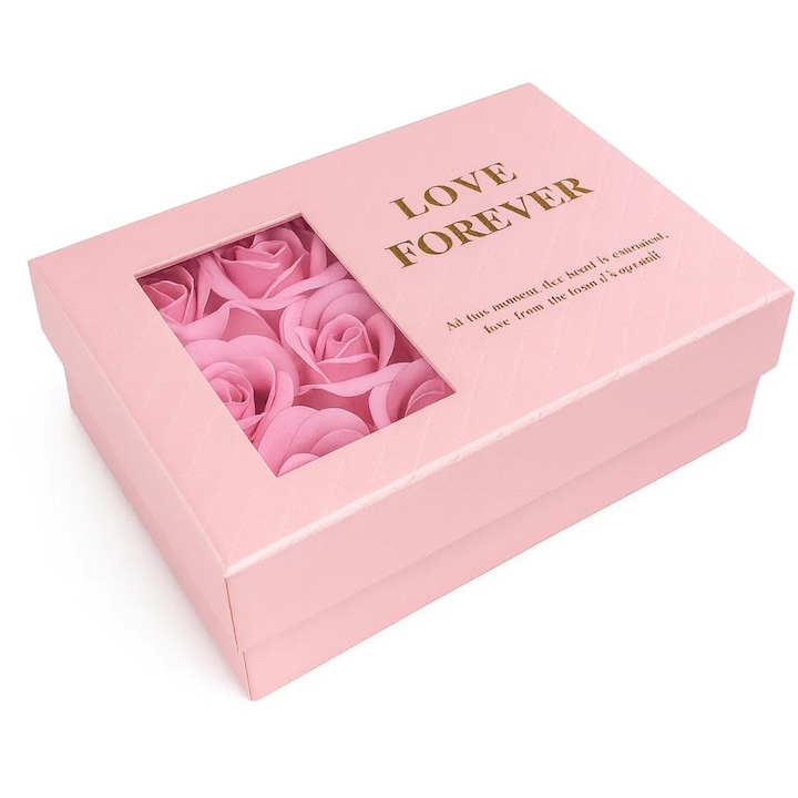 Set cadou luxury cu 6 trandafiri din sapun roz si bratara decorativa, cutie premium Love Forever, cu punga cadou [3]