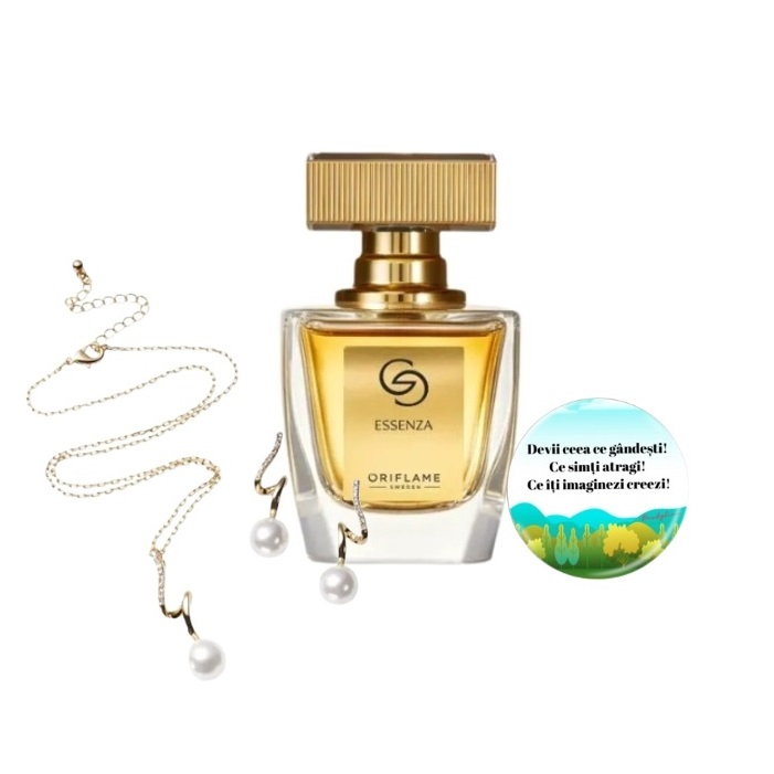 Set cadou parfum Giordani Gold Essenza, bijuterii Hidden Gems Pearl din otel inoxidabil si insigna Dactylion cu mesaj motivational