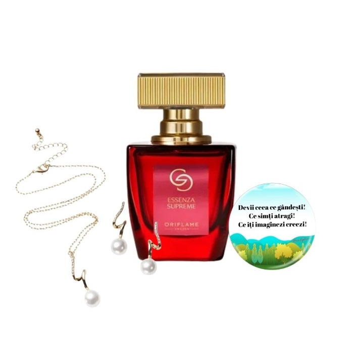 Set cadou parfum Giordani Gold Essenza Supreme, bijuterii Hidden Gems Pearl din otel inoxidabil si insigna Dactylion cu mesaj motivational