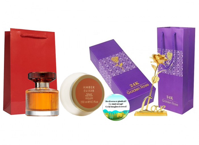 Set cadou pentru Ea, parfum de femei Amber Elixir insotit de crema corp, trandafir auriu din plastic suflat la baza cu aur si insigna Dactylion cu mesaj motivational