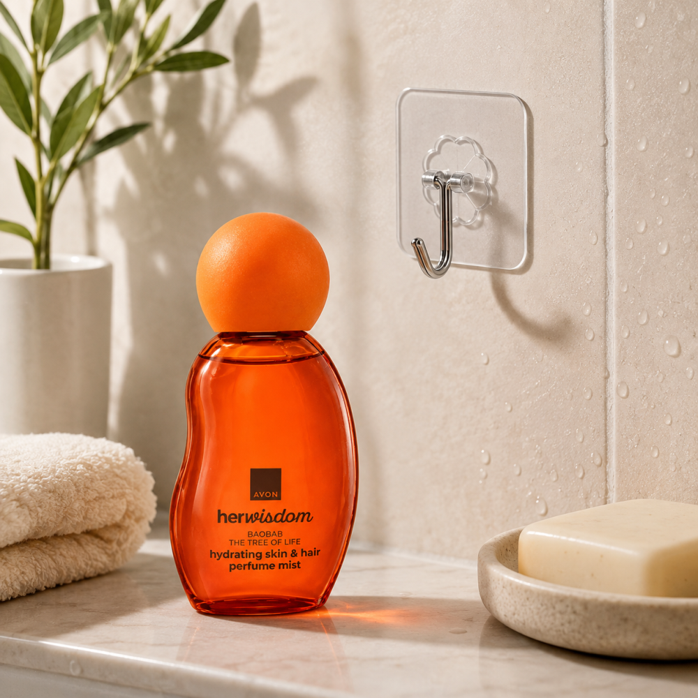 Set cadou spray parfumat portocaliu Avon HerWisdom Baobab pentru corp si par, efect hidratant, cuier transparent 5.6 x 5.6 cm, autoadeziv, carlig inox [7]