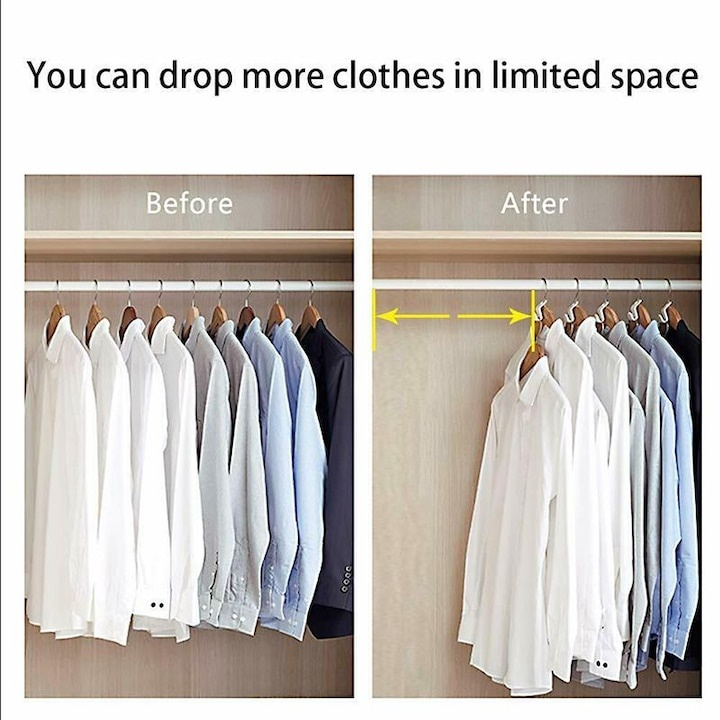 Set carlige pentru umerase, economisire spatiu in dulap, compatibile cu umerase din lemn, metal si plastic, 10 bucati, alb [6]