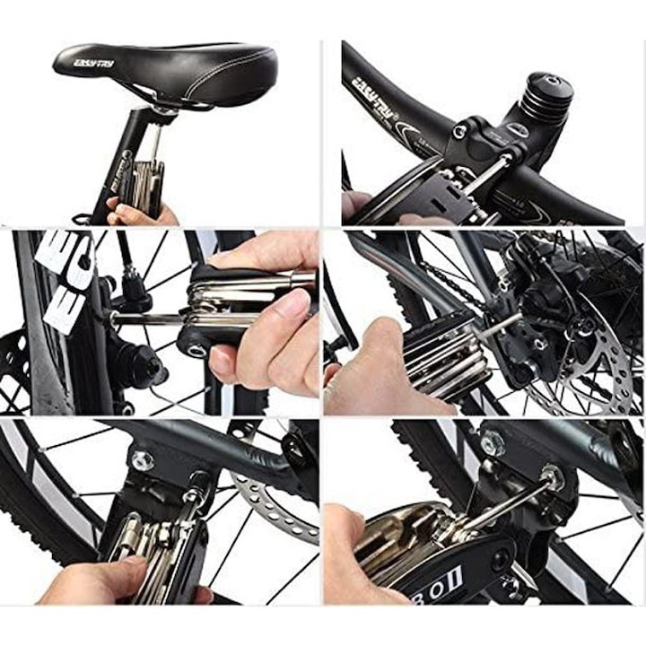 Set chei multifunctionale 16 in 1 pentru bicicleta, cu imbus, surubelnite si chei diverse, compact si portabil, metal, negru-argintiu  Acest set de chei multifunctionale 16in1 este o solutie esentiala [5]