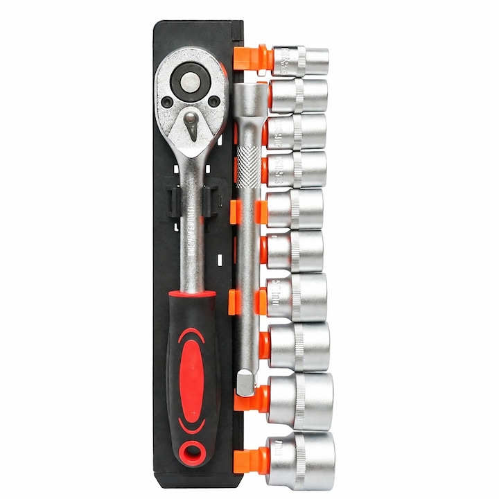 Set chei tubulare 12 piese 3/8 inch, 10-24 mm, cu clichet reversibil si prelungitor 150 mm, crom vanadiu, pentru reparatii auto si bricolaj [3]
