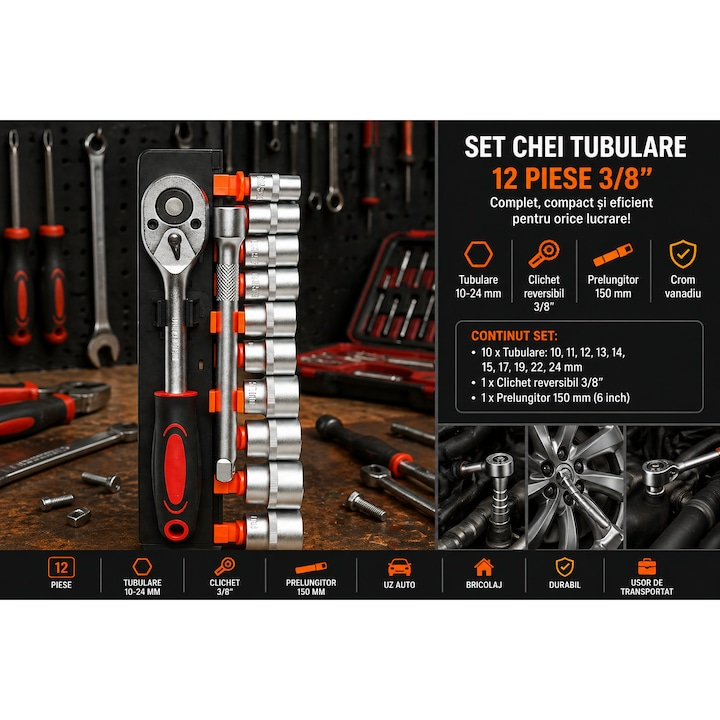 Set chei tubulare 12 piese 3/8 inch, 10-24 mm, cu clichet reversibil si prelungitor 150 mm, crom vanadiu, pentru reparatii auto si bricolaj [2]