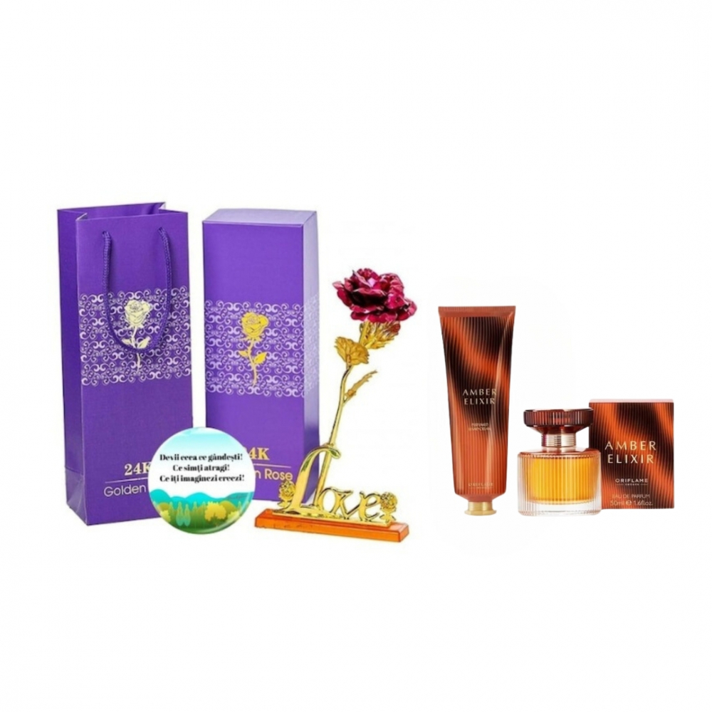 Set complet pentru Ea Amber Elixir (apa de parfum, crema de maini), insotit de insigna Dactylion cu mesaj motivational, cadou un trandafir rosu suflat la baza cu aur