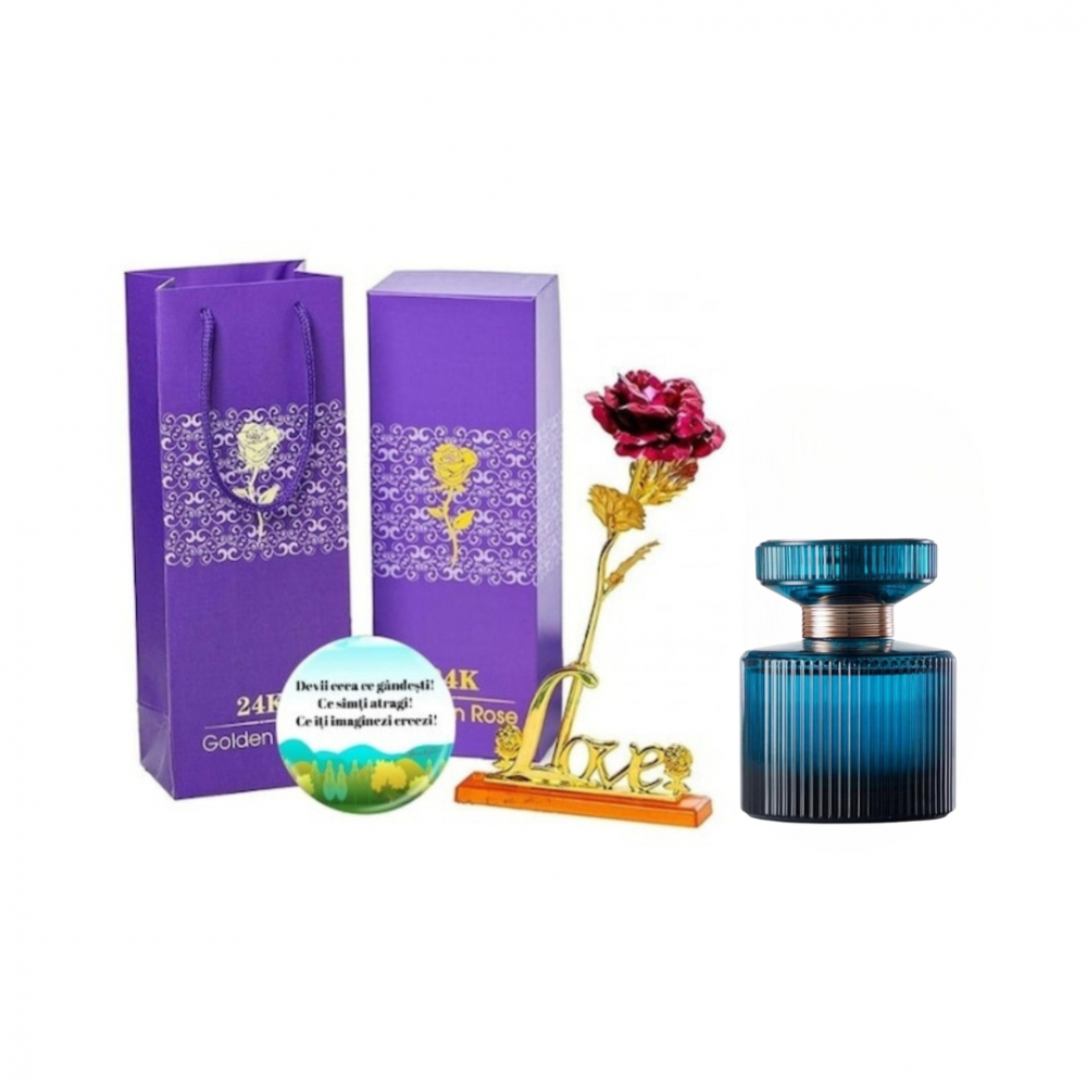 Set complet pentru Ea, Apa de parfum Amber Elixir Crystal, insotit de insigna Dactylion cu mesaj motivational, cadou un trandafir rosu suflat la baza cu aur