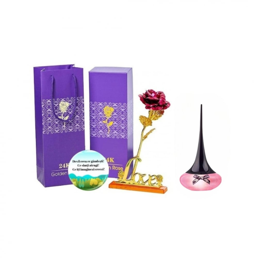 Set complet pentru Ea, Apa de parfum Love Potion Secrets, insotit de insigna Dactylion cu mesaj motivational, cadou un trandafir rosu suflat la baza cu aur