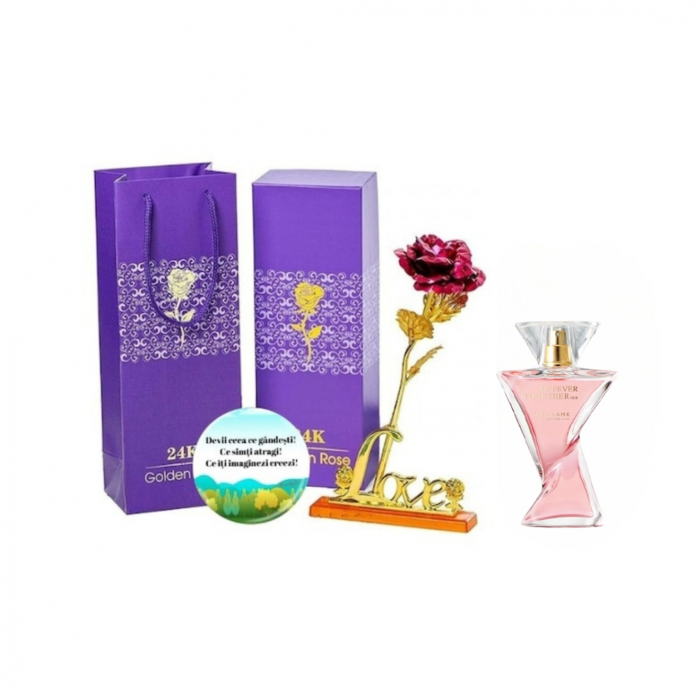 Set complet pentru Ea, Apa de parfum So Fever Together, insotit de insigna Dactylion cu mesaj motivational, cadou un trandafir rosu suflat la baza cu aur