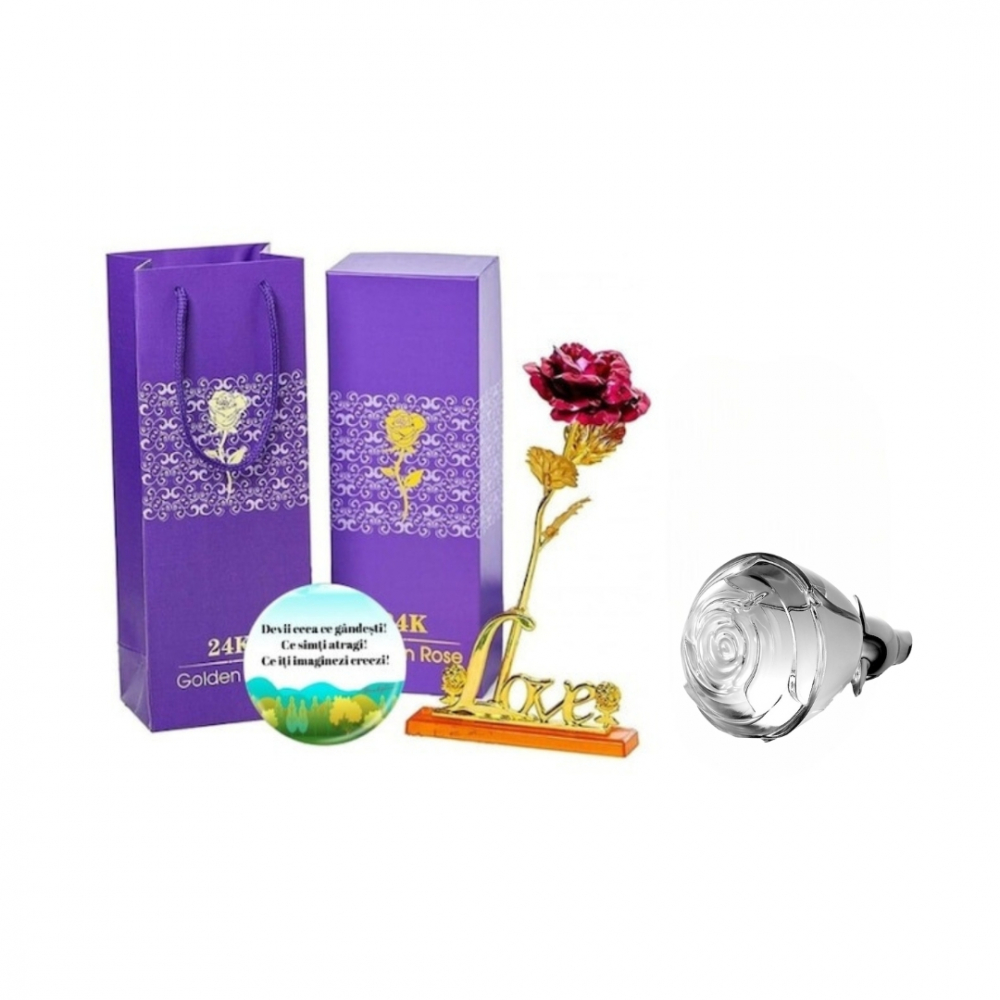 Set complet pentru Ea, Apa de parfum Volare Forever 50 ml, insotit de insigna Dactylion cu mesaj motivational, cadou un trandafir rosu suflat la baza cu aur