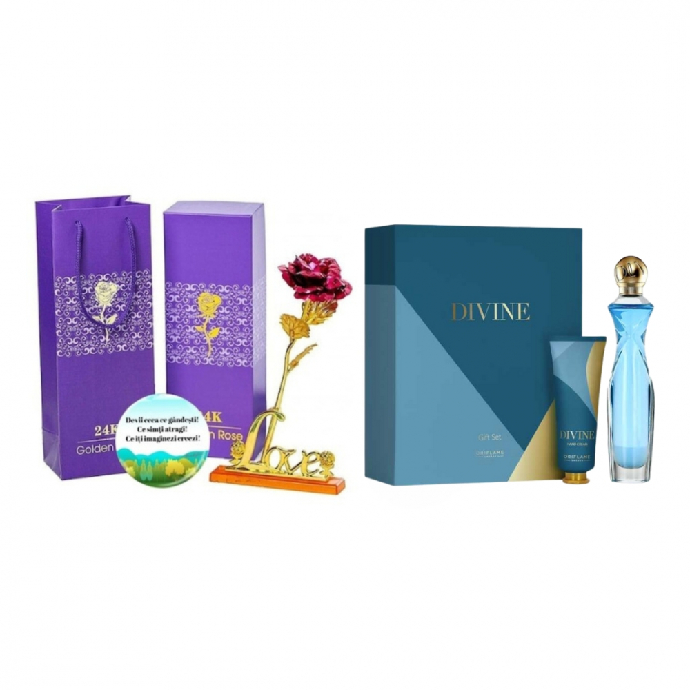 Set complet pentru Ea Divine (apa de parfum, crema de maini), insotit de insigna Dactylion cu mesaj motivational, cadou un trandafir rosu suflat la baza cu aur