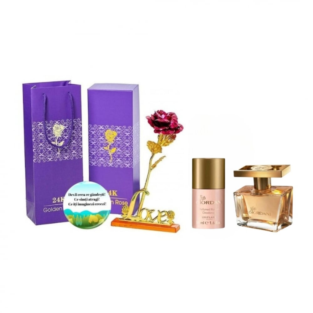 Set complet pentru Ea Miss Giordani (apa de parfum, deodorant roll-on), insotit de insigna Dactylion cu mesaj motivational, cadou un trandafir rosu suflat la baza cu aur