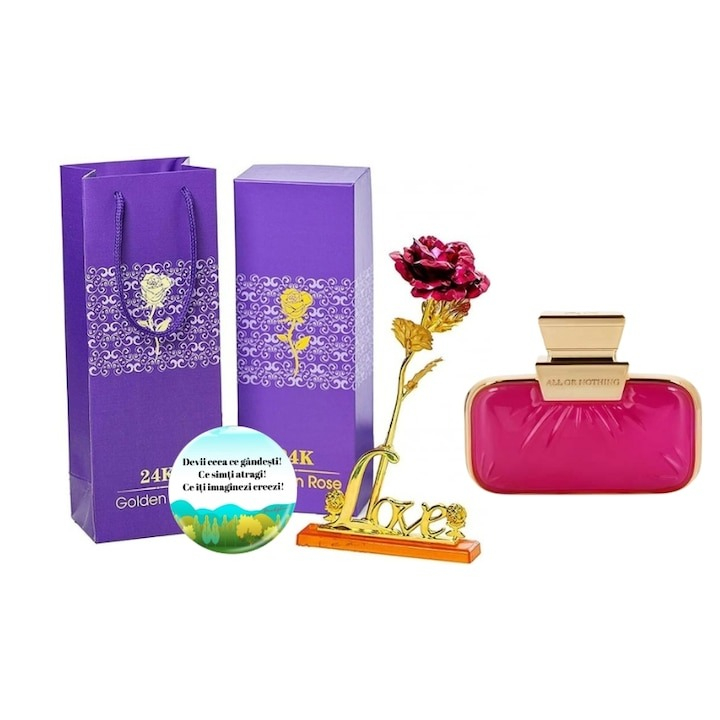 Set complet pentru Ea, parfum de femei All or Nothing Amplified, insotit de insigna Dactylion cu mesaj motivational, cadou un trandafir rosu suflat la baza cu aur