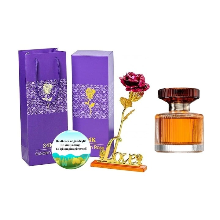 Set complet pentru Ea, parfum de femei Amber Elixir 50 ml, insotit de insigna Dactylion cu mesaj motivational, si un trandafir rosu cadou suflat la baza cu aur