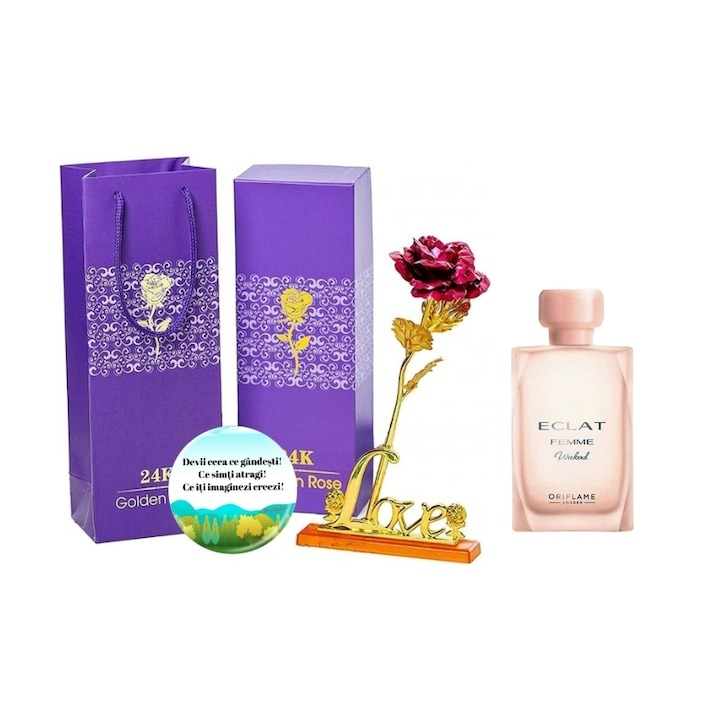 Set complet pentru Ea, parfum de femei Eclat Femme Weekend, insotit de insigna Dactylion cu mesaj motivational, cadou un trandafir rosu suflat la baza cu aur