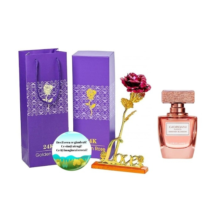 Set complet pentru Ea, parfum de femei Giordani Gold Essenza Blossom, insotit de insigna Dactylion cu mesaj motivational, cadou un trandafir rosu suflat la baza cu aur