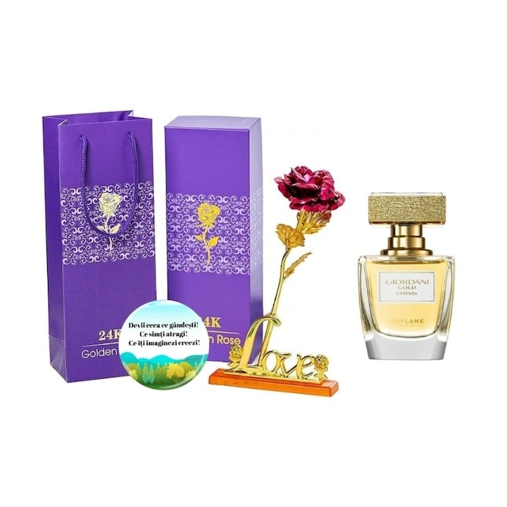 Set complet pentru Ea, parfum de femei Giordani Gold Essenza, insotit de insigna Dactylion cu mesaj motivational, cadou un trandafir rosu suflat la baza cu aur