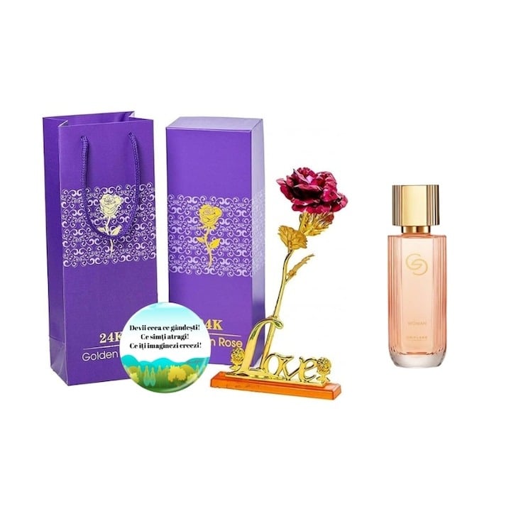 Set complet pentru Ea, parfum de femei Giordani Gold Woman, insotit de insigna Dactylion cu mesaj motivational, cadou un trandafir rosu suflat la baza cu aur