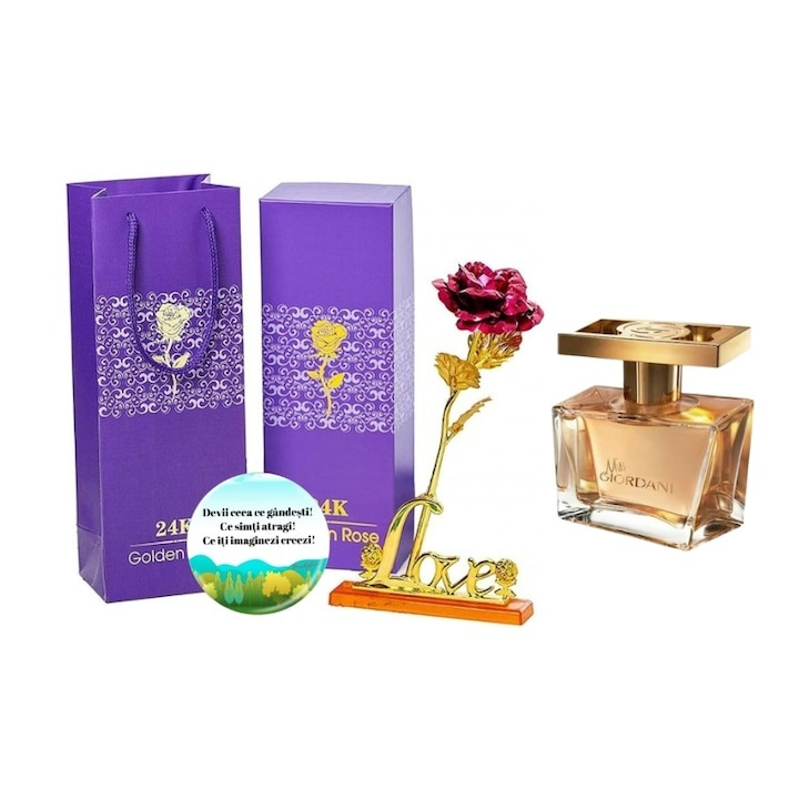 Set complet pentru Ea, parfum de femei Miss Giordani, insotit de insigna Dactylion cu mesaj motivational, cadou un trandafir rosu suflat la baza cu aur