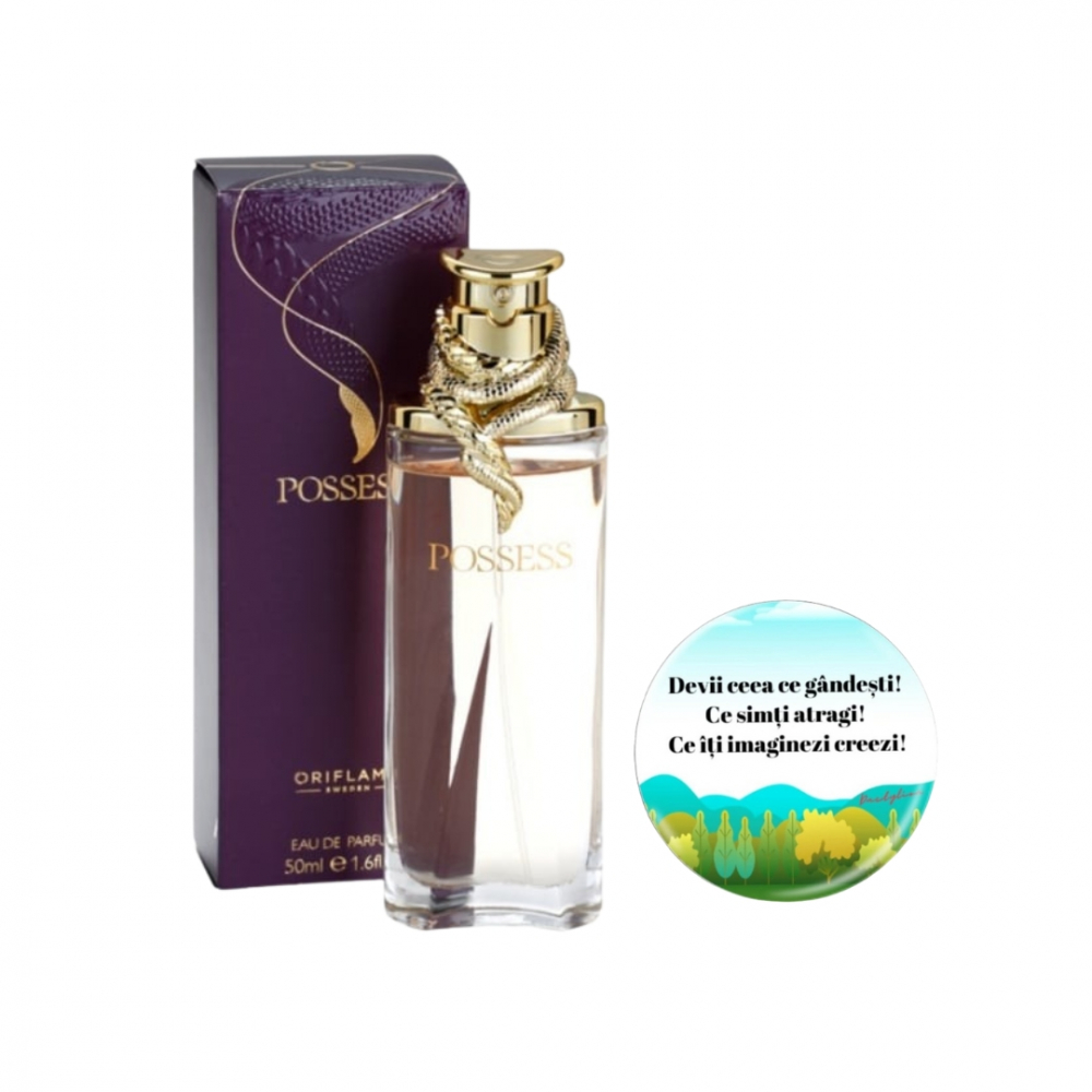 Set complet pentru Ea, parfum de femei Possess, insotit de insigna Dactylion cu mesaj motivational