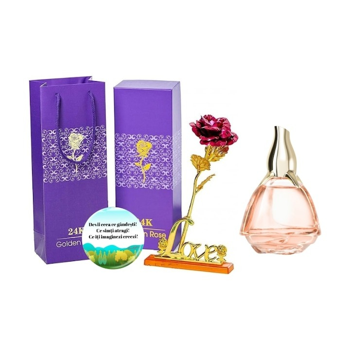 Set complet pentru Ea, parfum de femei Volare, insotit de insigna Dactylion cu mesaj motivational, cadou un trandafir rosu suflat la baza cu aur