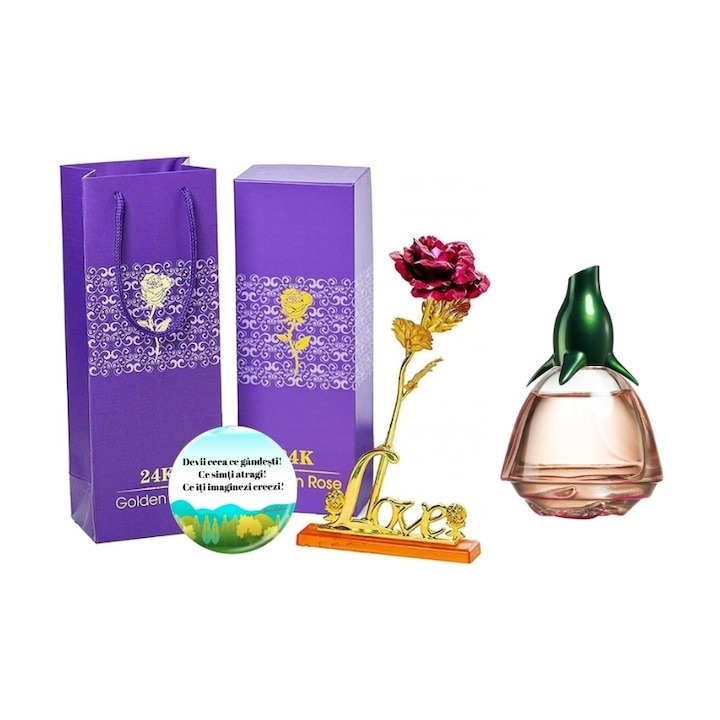 Set complet pentru Ea, parfum de femei Volare Moments, insotit de insigna Dactylion cu mesaj motivational, cadou un trandafir rosu suflat la baza cu aur