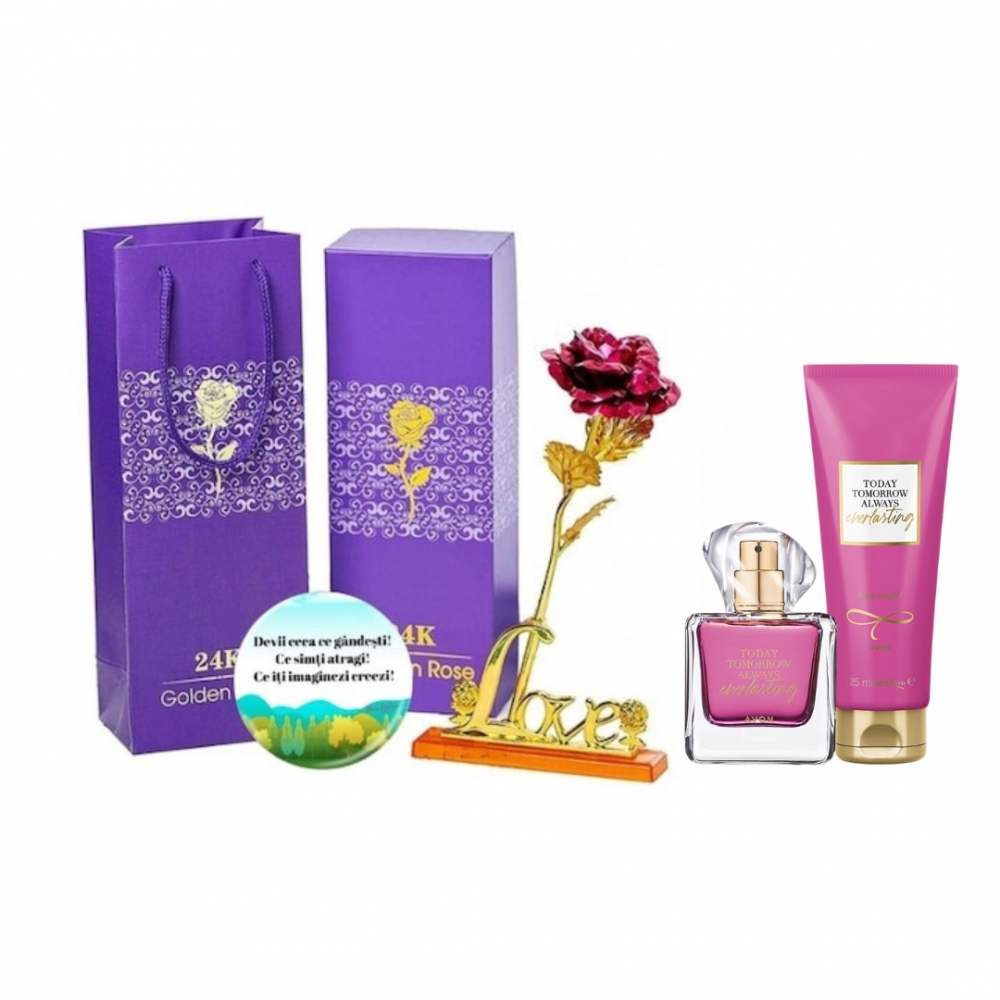 Set complet pentru Ea TTA Everlasting (apa de parfum, souffle de corp), insotit de insigna Dactylion cu mesaj motivational, cadou un trandafir rosu suflat la baza cu aur