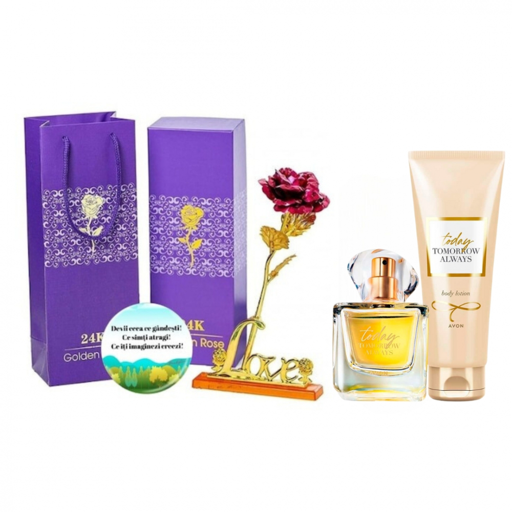 Set complet pentru Ea TTA Today (apa de parfum, lotiune de corp), insotit de insigna Dactylion cu mesaj motivational, cadou un trandafir rosu suflat la baza cu aur