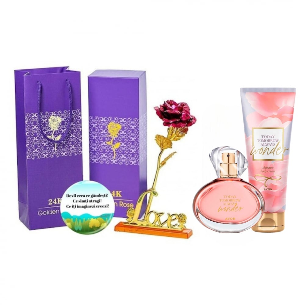 Set complet pentru Ea TTA Wonder (apa de parfum, lotiune de corp), insotit de insigna Dactylion cu mesaj motivational, cadou un trandafir rosu suflat la baza cu aur