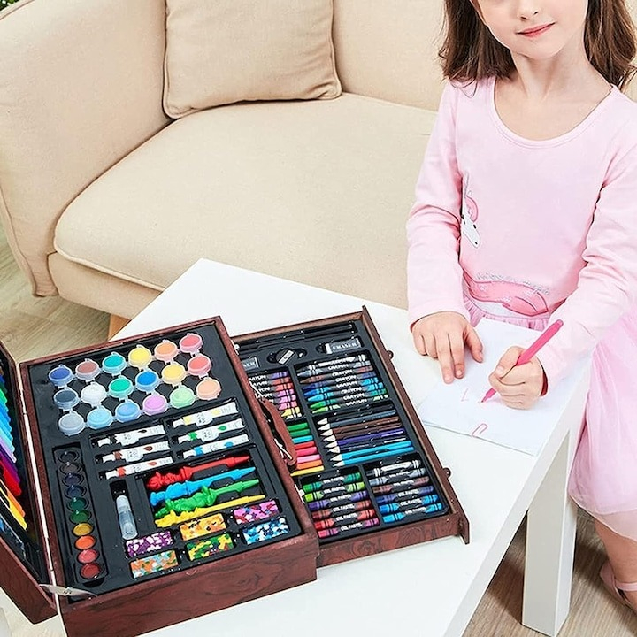 Set complet pentru pictura si desen, 123 piese, creioane, markere, acuarele, valiza lemn inclusa [17]