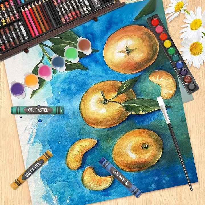 Set complet pentru pictura si desen, 123 piese, creioane, markere, acuarele, valiza lemn inclusa [7]