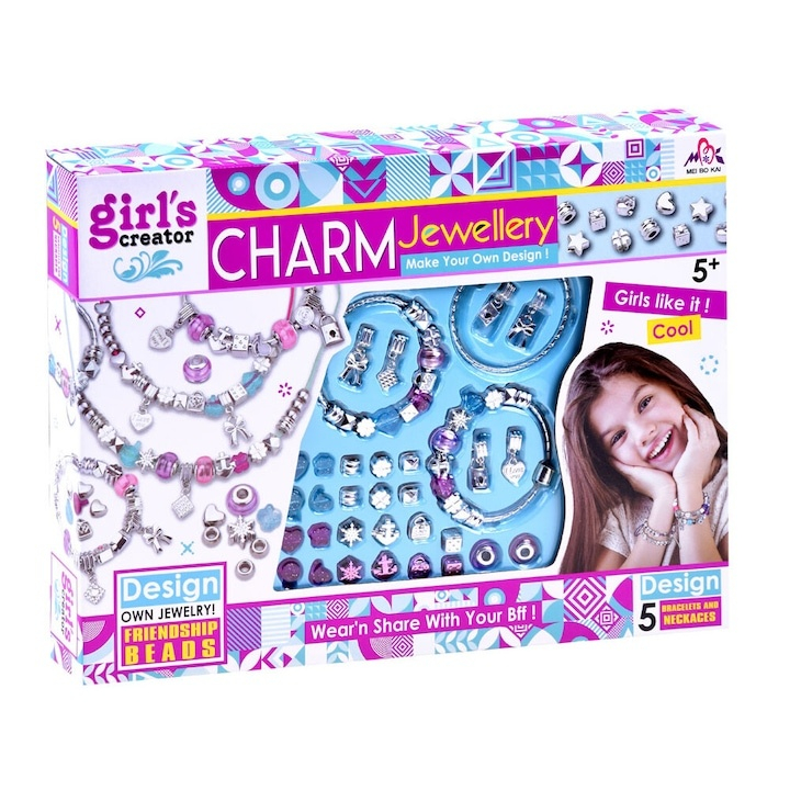 Set creativ bratari DIY pentru fete cu margele si talismane, snururi incluse, multicolor [7]