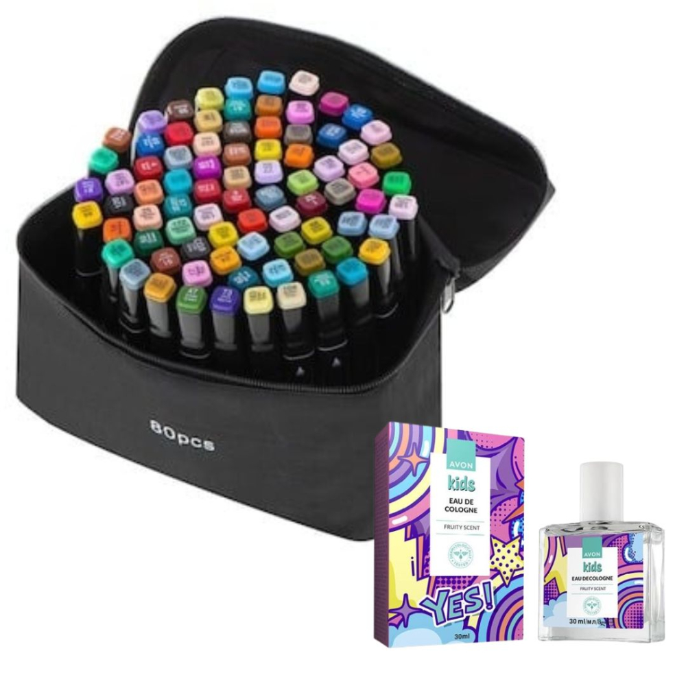 Set creativ complet – 80 markere colorate profesionale cu doua varfuri + geanta depozitare si parfum fructat pentru copii, 30 ml [2]