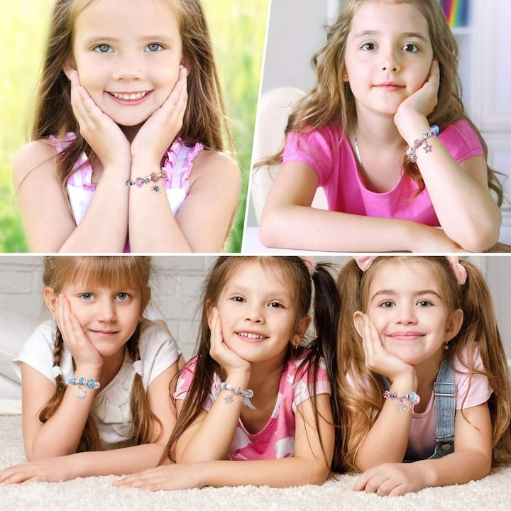 Set creativ pentru realizarea bratarilor si colierelor, cu bijuterii, pandantive si margele, 70 piese, 3 bratari, 3 coliere, pentru dezvoltarea abilitatilor manuale, geanta cu fermoar, multicolor [16]