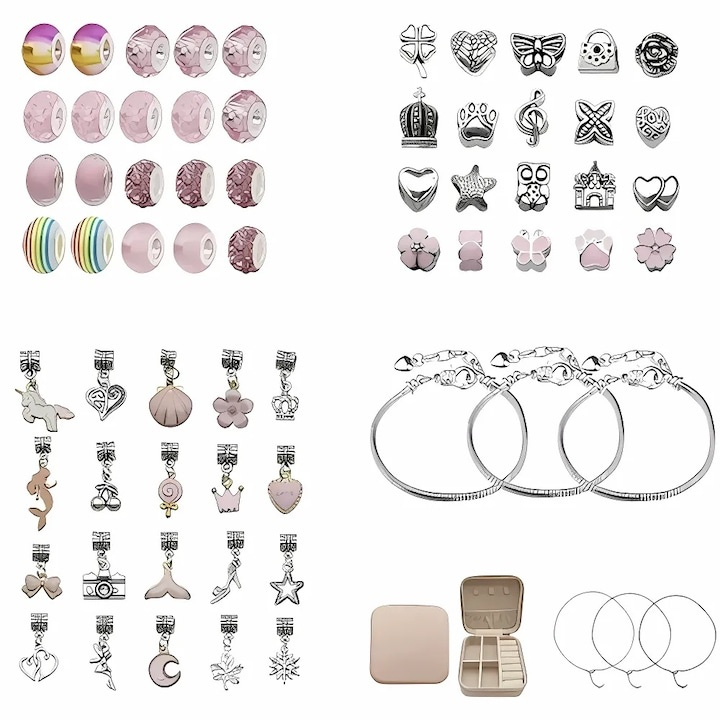 Set creativ pentru realizarea bratarilor si colierelor, cu bijuterii, pandantive si margele, 70 piese, 3 bratari, 3 coliere, pentru dezvoltarea abilitatilor manuale, geanta cu fermoar, multicolor [14]