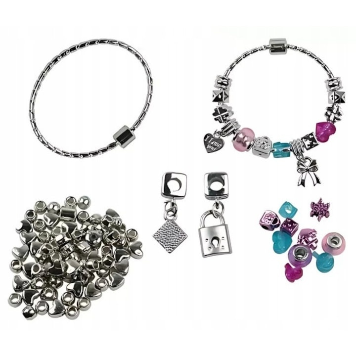 Set creativ realizare bratari DIY cu margele si talismane, snur inclus, violet, 73 piese [5]