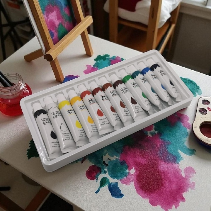 Set culori pictura pe baza de apa 12 nuante vibrante 12 x 12 ml pentru panza, hartie si carton, vopsea artistica non-toxica pentru hobby si scoala [7]