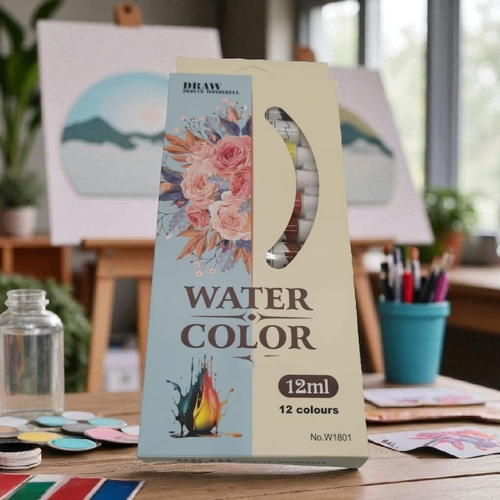 Set culori pictura pe baza de apa 12 nuante vibrante 12 x 12 ml pentru panza, hartie si carton, vopsea artistica non-toxica pentru hobby si scoala [2]