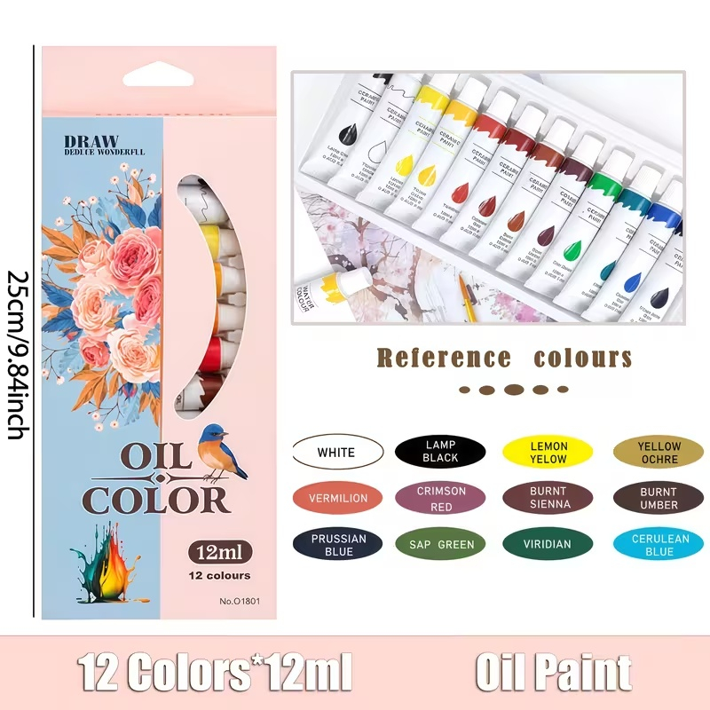 Set culori pictura ulei 12 nuante vibrante 12 buc x 12 ml pentru panza, lemn si hartie, vopsea artistica non-toxica pentru hobby si arta [15]