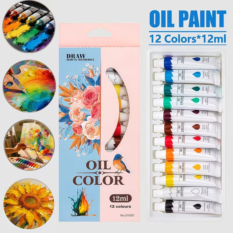 Set culori pictura ulei 12 nuante vibrante 12 buc x 12 ml pentru panza, lemn si hartie, vopsea artistica non-toxica pentru hobby si arta [10]