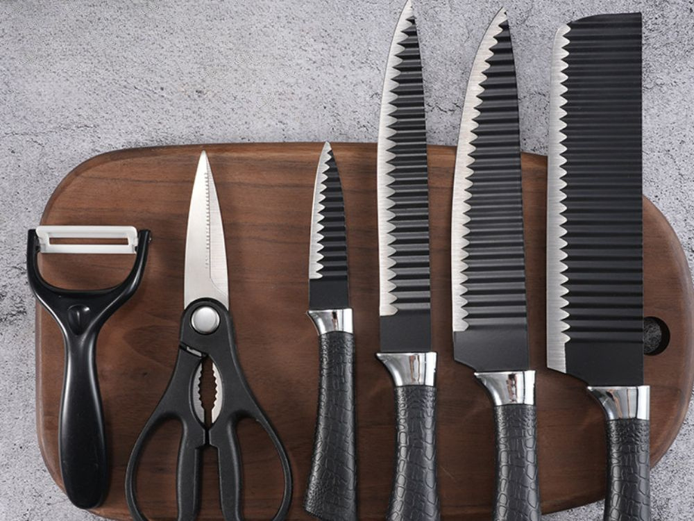 Set cutite bucatarie 6 piese, lame din otel inoxidabil cu strat antiaderent, foarfeca multifunctionala si curatator legume, manere ergonomice, negru [2]