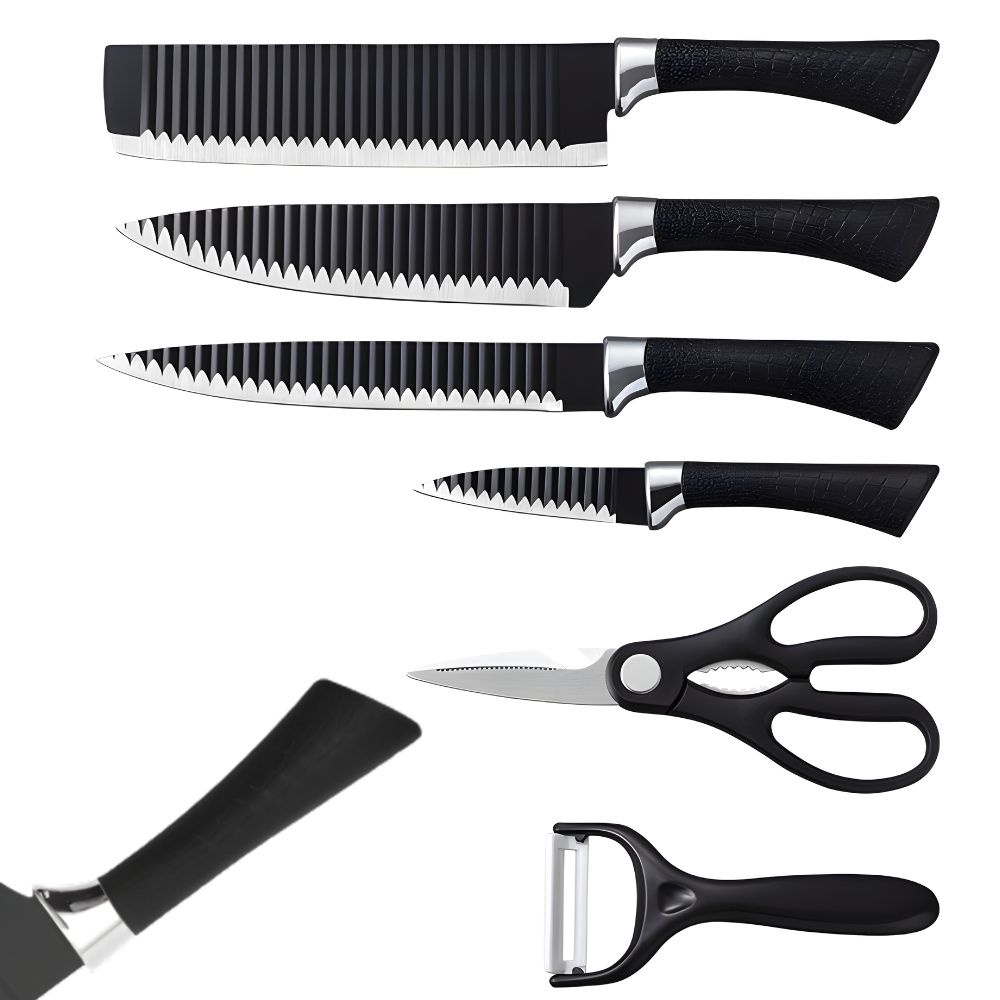 Set cutite bucatarie 6 piese, lame din otel inoxidabil cu strat antiaderent, foarfeca multifunctionala si curatator legume, manere ergonomice, negru [10]
